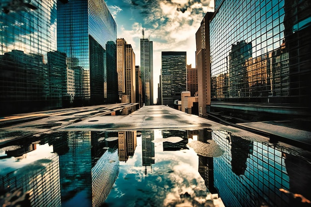 Muestre la interacción de los rascacielos reflectantes y el cielo con un enfoque en cómo los edificios reflejan su entorno.