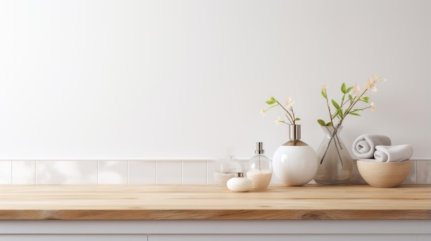 Muestre sus productos en esta mesa de madera vacía complementada con un fondo interior de baño borroso