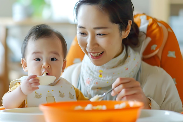 Foto mütter, die während der mahlzeit ihre kinder ernähren