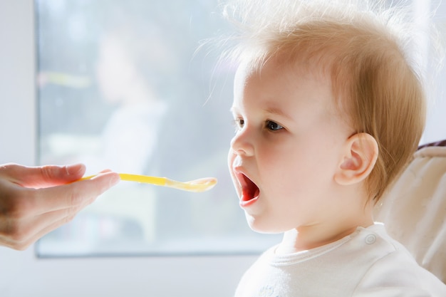 Mütter füttern das Baby mit Hüttenkäse