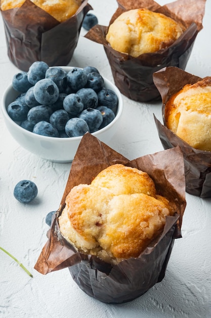 Muffin con arándanos sobre fondo blanco.