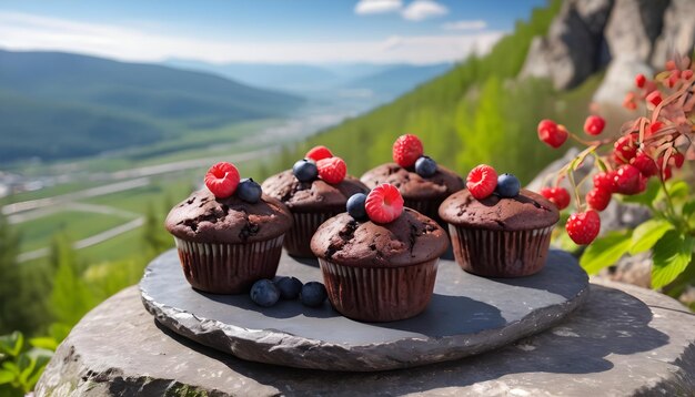 Foto muffin de chocolate con bayas en una placa de piedra con fondo de montaña