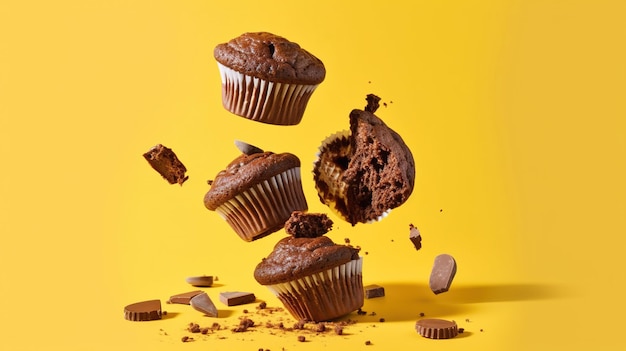 Un muffin de chocolate con chispas de chocolate y una galleta con chispas de chocolate.