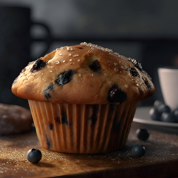 Muffin com mirtilos em fundo preto Copiar espaço