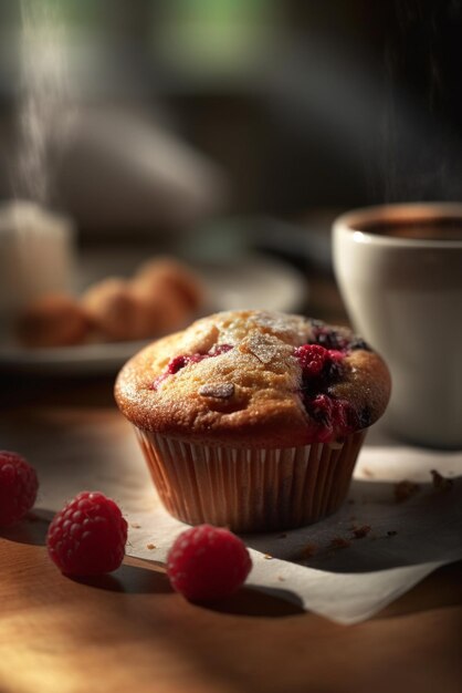 Muffin de frambuesa en un plato con café o té en segundo plano.