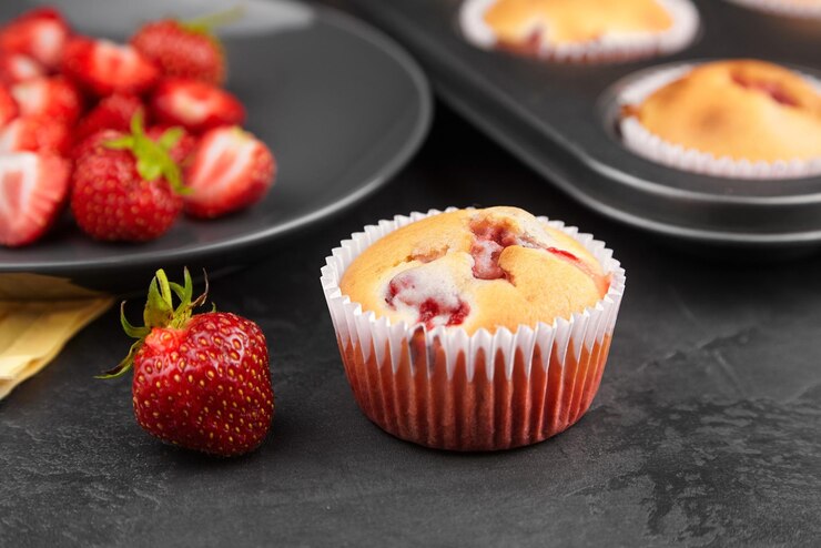 Muffin de fresas caseras con fresas frescas sobre fondo de hormigón oscuro