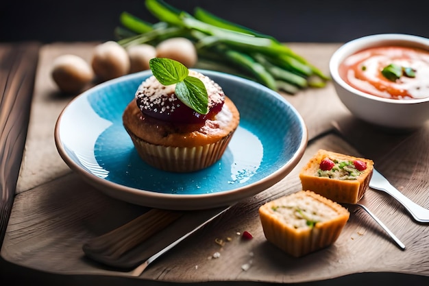 Un muffin con fresas en la parte superior.