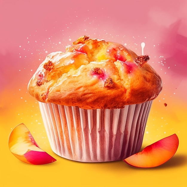 Un muffin de melocotón con un fondo rosa y melocotones encima.