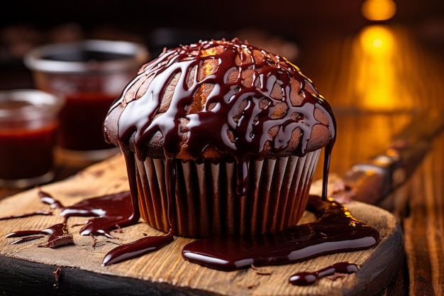 Muffin mit geschmolzener Schokolade bedeckt