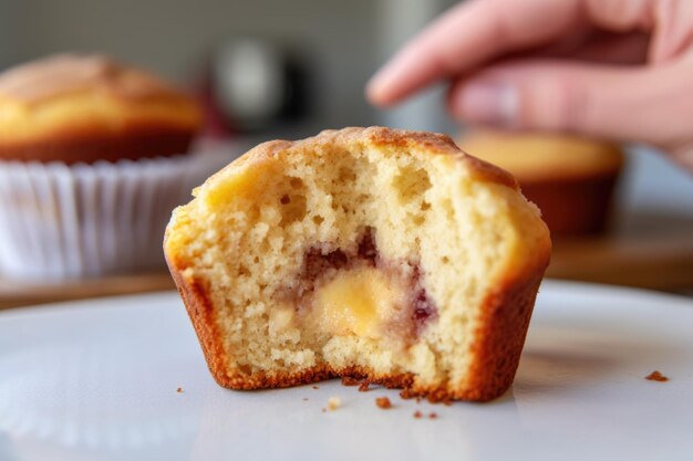 Foto un muffin por la mitad para revelar el interior.