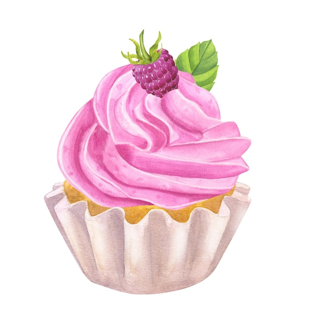 Muffin de pastel rosa crema batida dulce menta de frambuesa clipart de alimentos Ilustración de acuarela dibujada a mano aislada sobre fondo blanco Colección Rainbow Para la pastelería del menú de la cafetería