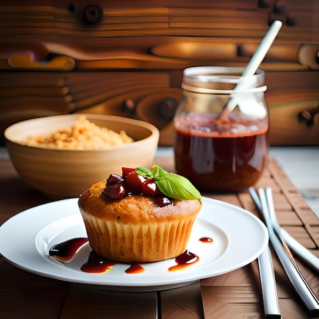 Muffin realistisches Bild köstliches Essen auf einem weißen Teller über dem Tisch