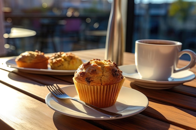 Un muffin de tocino servido en una mesa con café en una cafetería al aire libre
