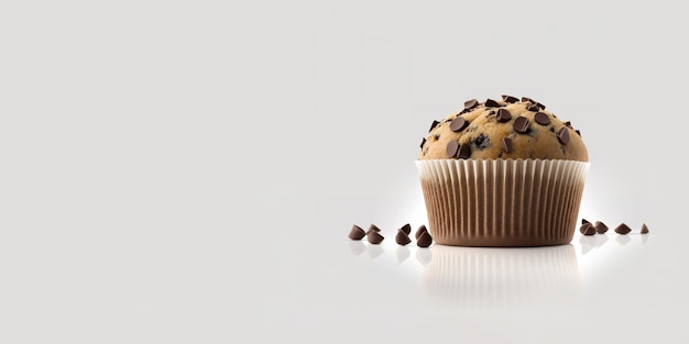 Muffin con trocitos de chocolate aislado sobre un fondo blanco con espacio de copia