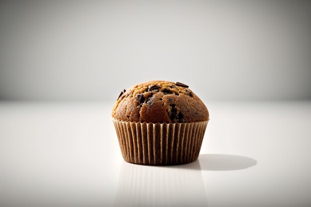 Muffin con trocitos de chocolate aislado sobre un fondo blanco.