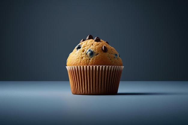 Muffin con trocitos de chocolate aislado sobre un fondo gris