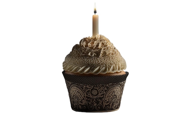 Muffin vintage coberto com uma celebração de aniversário de vela acesa IA generativa