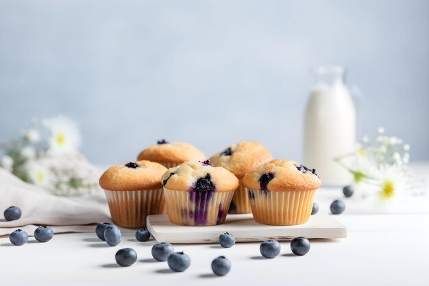 Muffins de arándanos con arándanos frescos sobre una mesa blanca cerrar fondo claro Un delicioso postre o desayuno generado por IA