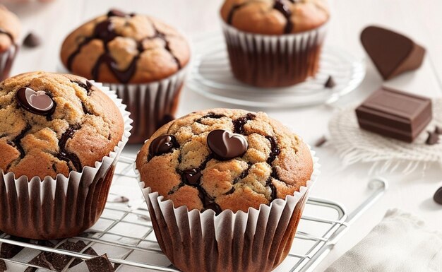 Muffins auf einem Kühlregal mit Schokoladenstückchen als Beilage.