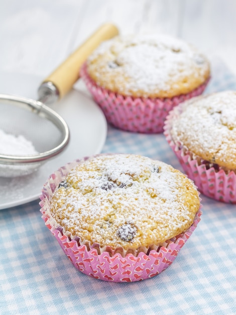 Muffins caseiros com chips de choco, decorados com açúcar espalhado