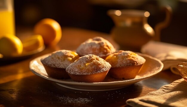 Foto muffins caseiros e biscoitos em mesa rústica gerados por ia