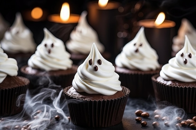 Muffins caseros de chocolate con fantasmas de merengue para Halloween