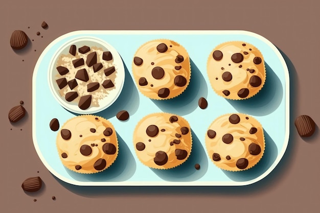 Muffins con chispas de chocolate en un plato con un fondo gris claro una vista superior