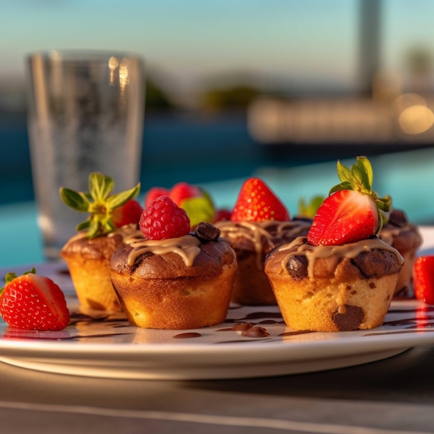 Foto muffins de chocolate con fresas frescas y menta en un plato