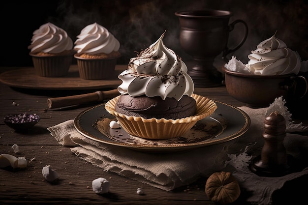 Muffins de chocolate y pastel de merengue con crema en placa