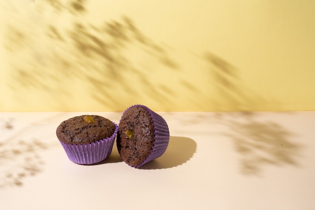 Muffins de chocolate en los rayos del sol