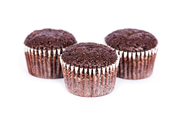 Muffins de chocolate sobre fondo blanco.