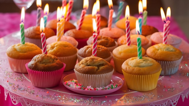 Muffins coloridos com velas acesas em fila com salpicaduras em fundo rosa