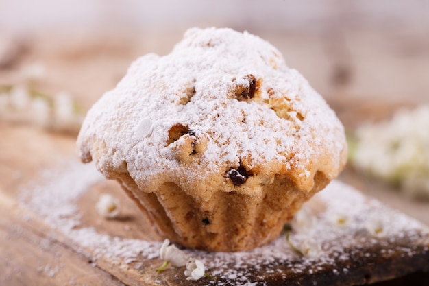 Muffins com passas polvilhadas com açúcar em pó.