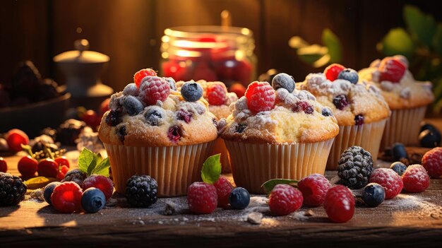 Muffins com sabor de chocolate em cima da mesa com desfoque de fundo