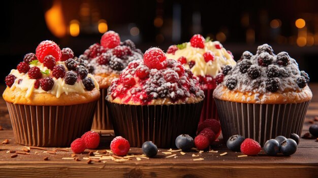 Muffins com sabor de chocolate em cima da mesa com desfoque de fundo