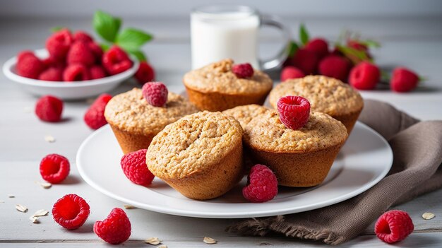 Foto muffins de aveia berry bliss com framboesas num prato