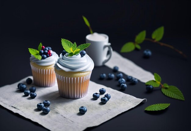 Foto muffins de bagas com creme sobre um fundo escuro