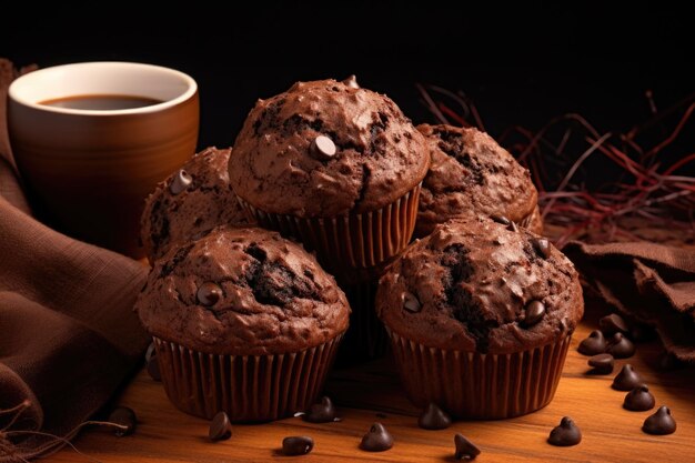 Muffins de chocolate amargo em fundo marrom