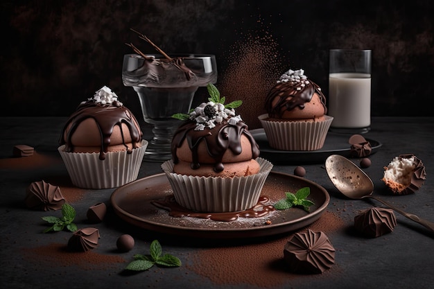 Muffins de chocolate e bolos de mousse decorados com calda de chocolate em fundo cinza escuro criado com