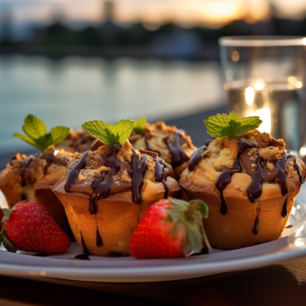 Muffins de chocolate em um prato sobre um fundo de madeira Foco seletivo