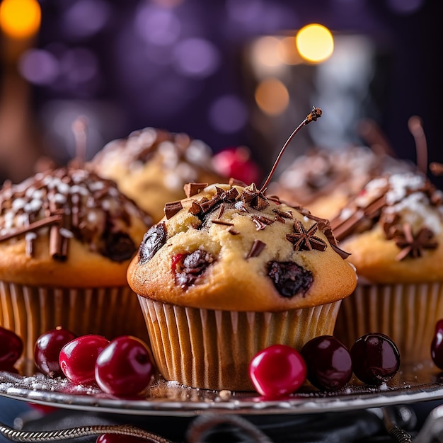 Muffins de chocolate gourmet adornados com cerejas em uma mesa decorada