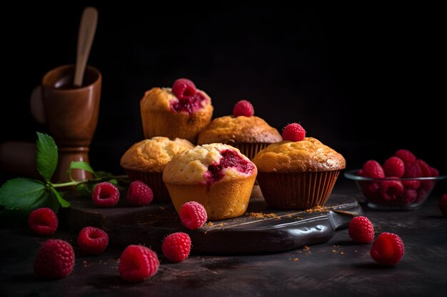 Muffins de framboesa com framboesas frescas em uma mesa perto do fundo escuro Uma deliciosa sobremesa ou café da manhã gerado por IA