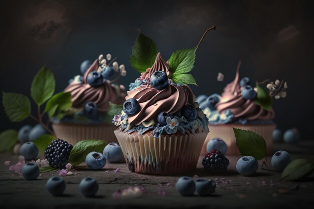 Muffins de frutas vermelhas Ilustração de cupcake de mirtilo IA generativa