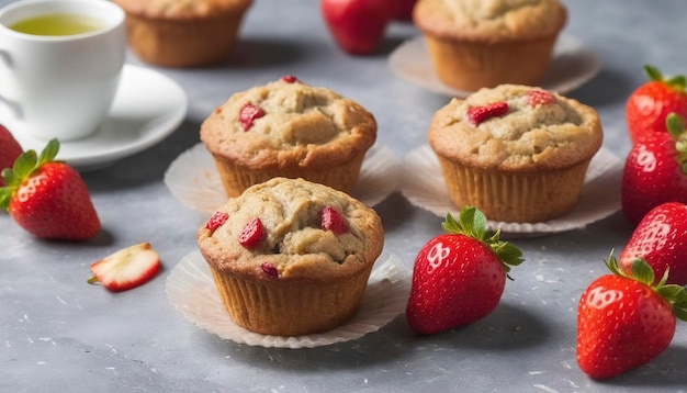 Muffins de maçã veganos com morangos e chá verde