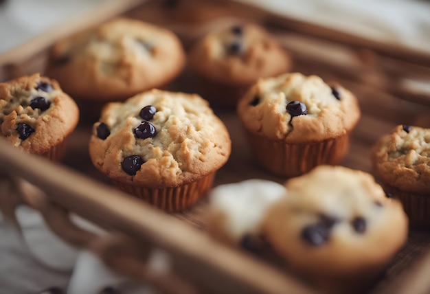 Muffins de mirtilo caseiros em uma bandeja de madeira