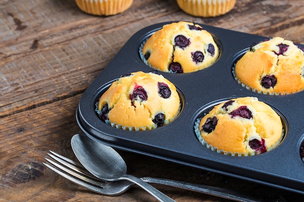 muffins de mirtilo com açúcar em pó e bagas frescas