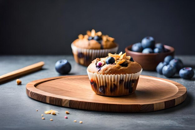 muffins de mirtilo com açúcar em pó e bagas frescas