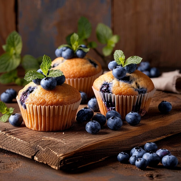 Muffins de mirtilo e bagas em tábua de madeira com qualidade de sonho