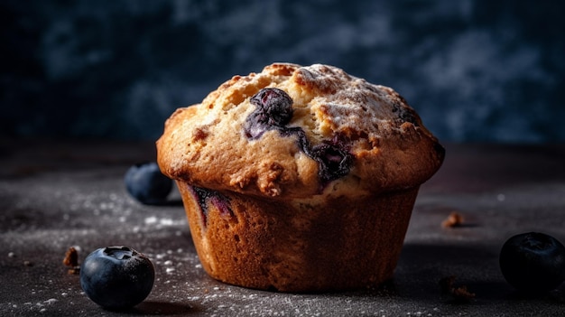 Muffins de mirtilo em uma mesa com mirtilos