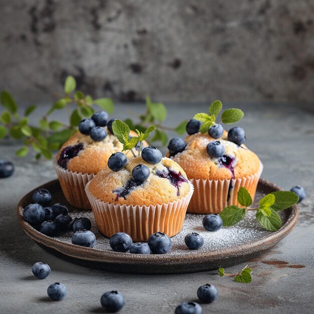 Muffins de mirtilos com mirtilos frescos em um prato